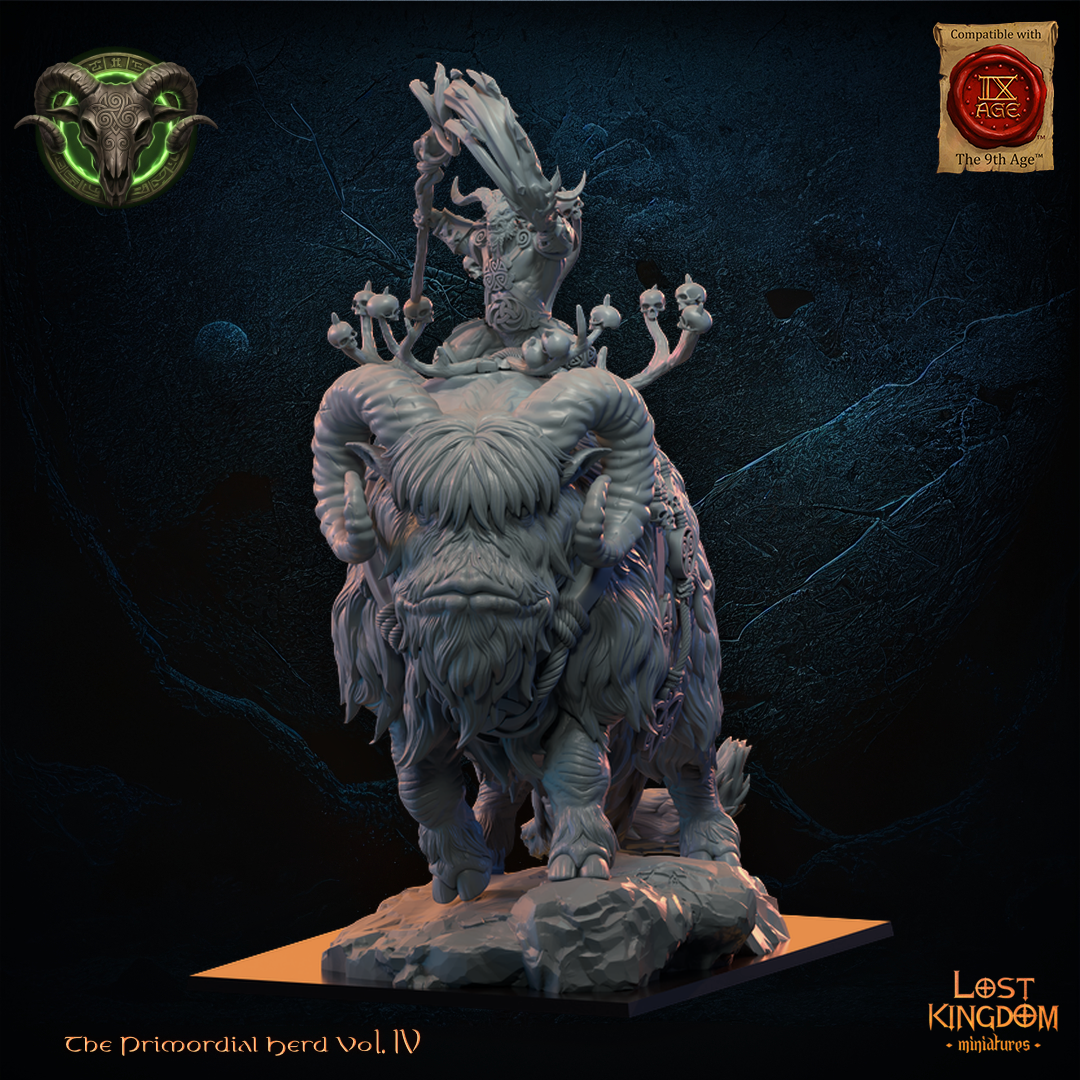 Shaman Herd on Bantho by Lost Kingdom Miniatures, the horned shaman with skull-hung totem staff riding the shaggy ram-horned Bantho on a rocky base, left three-quarter view, Lost Kingdom Miniatures designer render