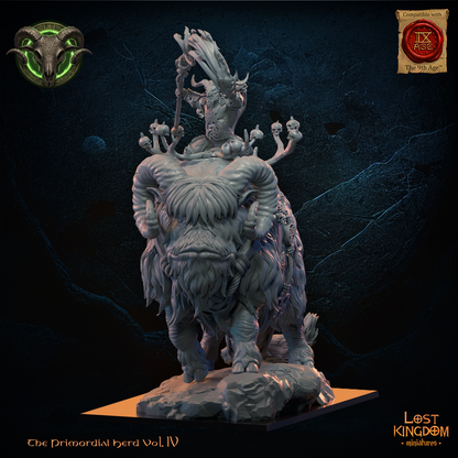 Shaman Herd on Bantho by Lost Kingdom Miniatures, the horned shaman with skull-hung totem staff riding the shaggy ram-horned Bantho on a rocky base, left three-quarter view, Lost Kingdom Miniatures designer render