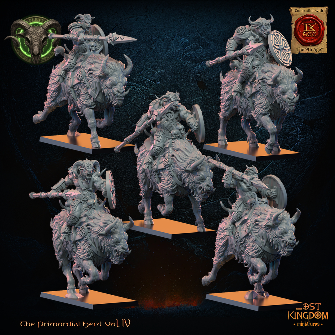 Wildhorn Riders by Lost Kingdom Miniatures, the five horned spear riders with round shields on charging shaggy horned mounts, right three-quarter view, Lost Kingdom Miniatures designer render