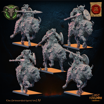 Wildhorn Riders by Lost Kingdom Miniatures, the five horned spear riders with round shields on charging shaggy horned mounts, right three-quarter view, Lost Kingdom Miniatures designer render
