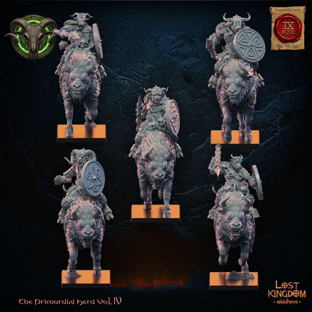Wildhorn Riders by Lost Kingdom Miniatures, the five horned spear riders with round shields on charging shaggy horned mounts, front view, Lost Kingdom Miniatures designer render