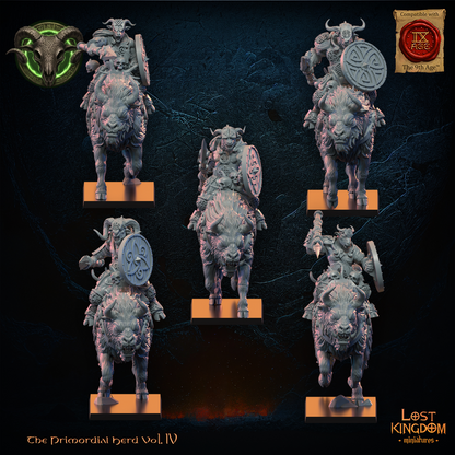 Wildhorn Riders by Lost Kingdom Miniatures, the five horned spear riders with round shields on charging shaggy horned mounts, front view, Lost Kingdom Miniatures designer render