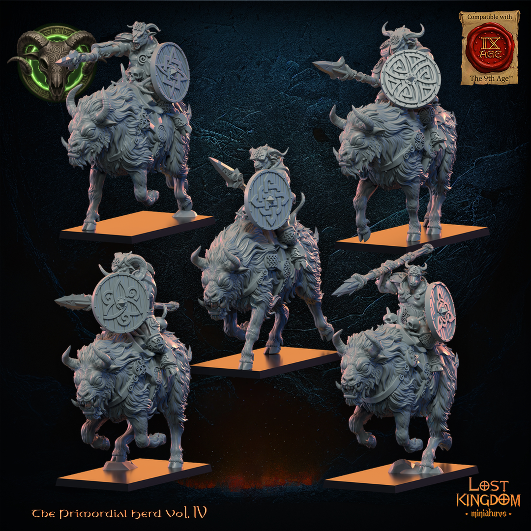 Wildhorn Riders by Lost Kingdom Miniatures, the five horned spear riders with round shields on charging shaggy horned mounts, left three-quarter view, Lost Kingdom Miniatures designer render