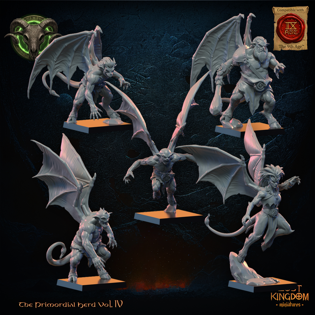 Herd Gargoyles by Lost Kingdom Miniatures, all five horned bat-winged gargoyles on their bases, right three-quarter view, Lost Kingdom Miniatures designer render