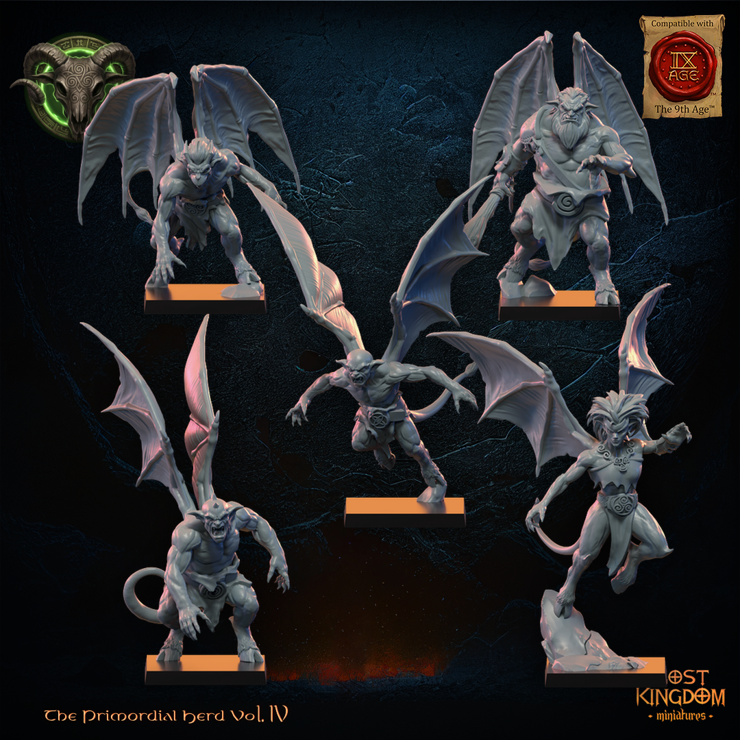 Herd Gargoyles by Lost Kingdom Miniatures, all five horned bat-winged gargoyles on their bases, front view, Lost Kingdom Miniatures designer render