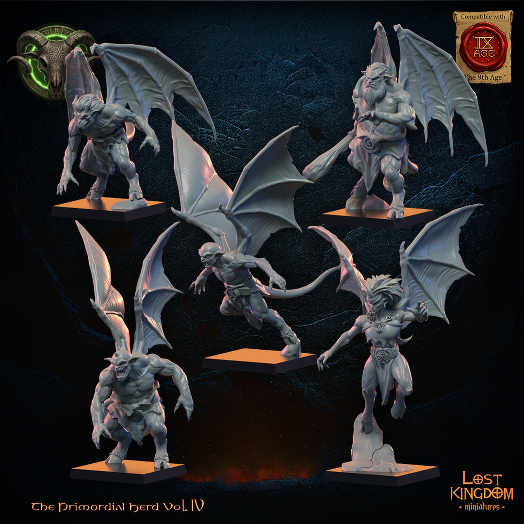 Herd Gargoyles by Lost Kingdom Miniatures, all five horned bat-winged gargoyles on their bases, left three-quarter view, Lost Kingdom Miniatures designer render