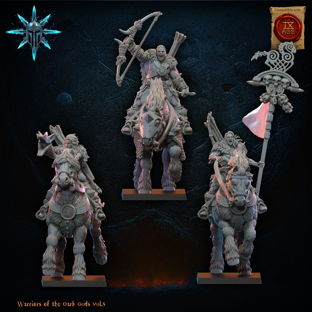 Barbarian horse archer command group, mounted captain, musician and standard bearer, 32mm resin cavalry by Lost Kingdom Miniatures