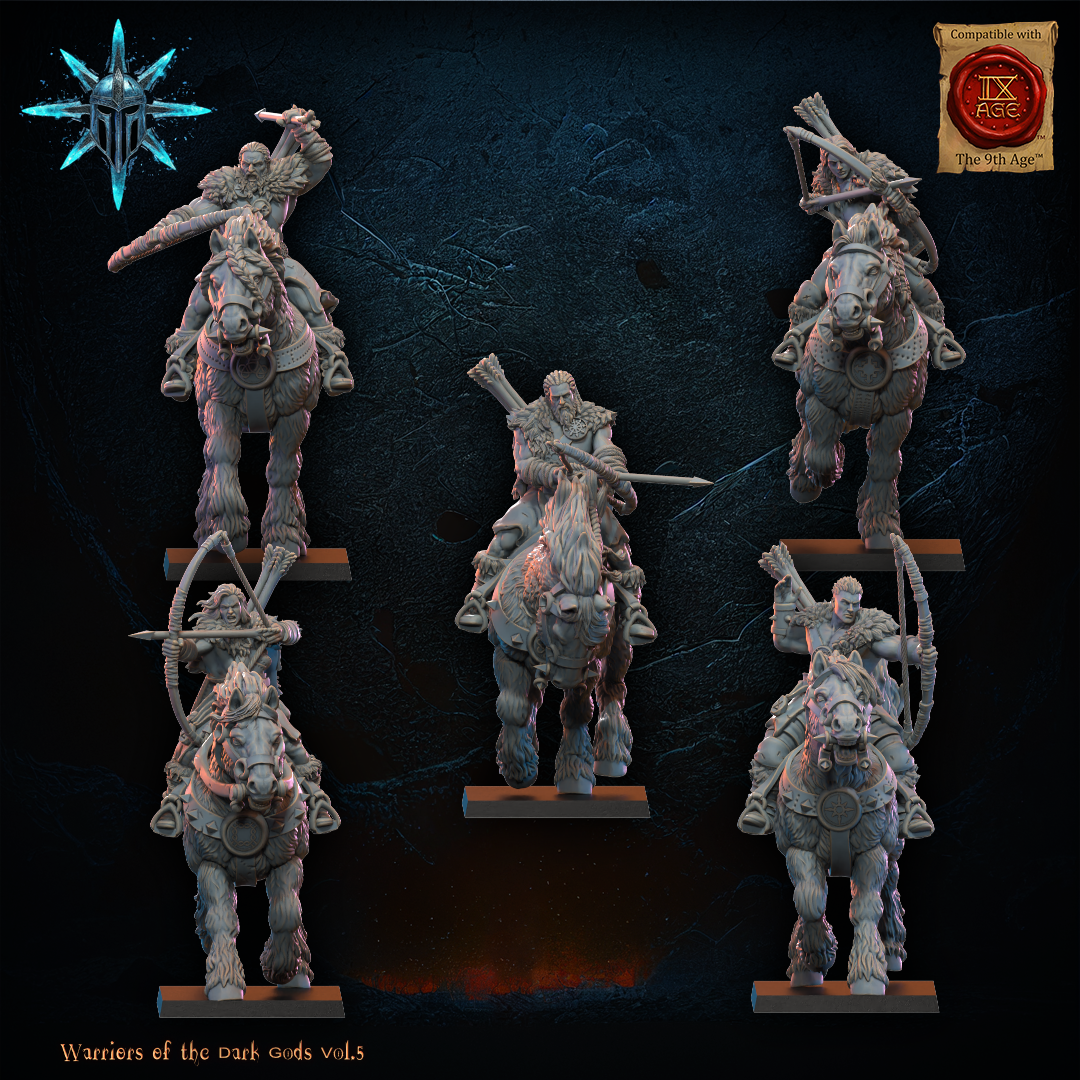 Unit of five barbarian mounted horse archers on warhorses, 32mm resin cavalry by Lost Kingdom Miniatures