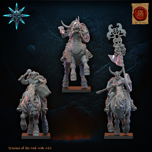 Barbarian shock cavalry command group with axe and spear options, mounted captain, musician and standard bearer, 32mm resin by Lost Kingdom Miniatures