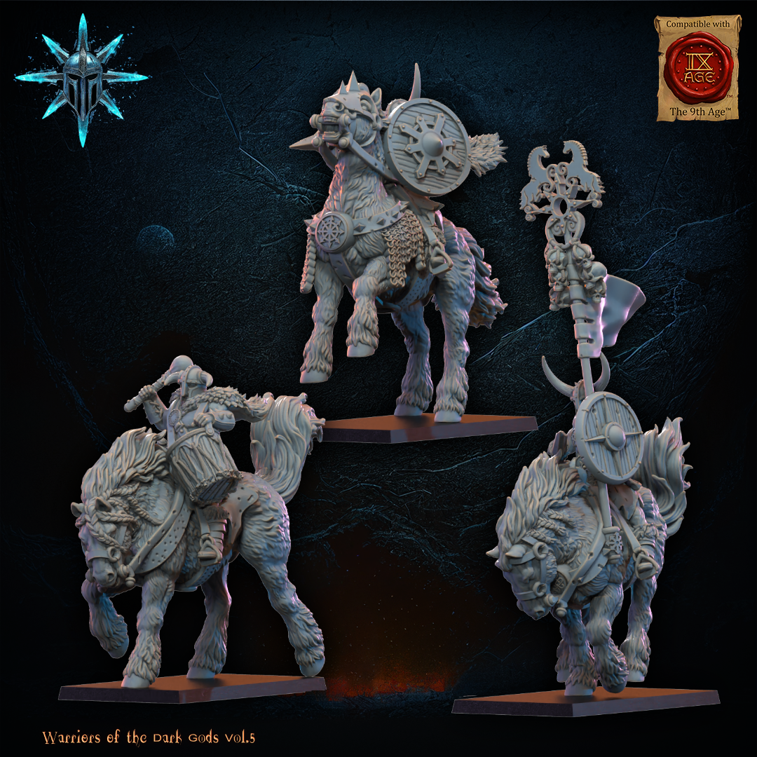 Alternate view of the barbarian cavalry command models with axes and spears