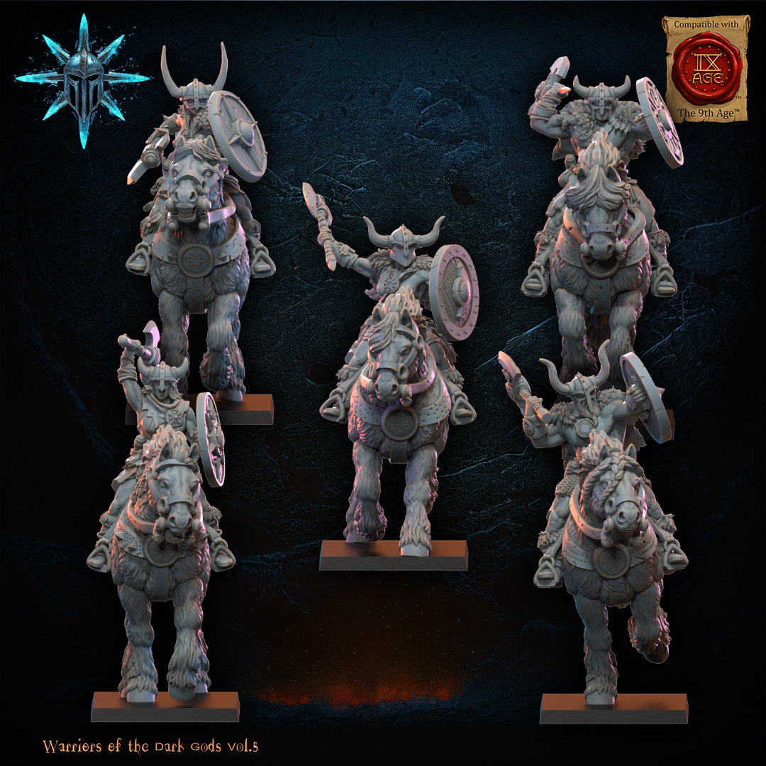 Unit of five barbarian shock cavalry with axes and spears on warhorses, 32mm resin by Lost Kingdom Miniatures