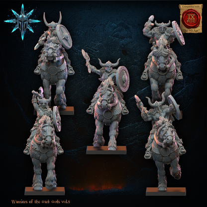 Unit of five barbarian shock cavalry with axes and spears on warhorses, 32mm resin by Lost Kingdom Miniatures