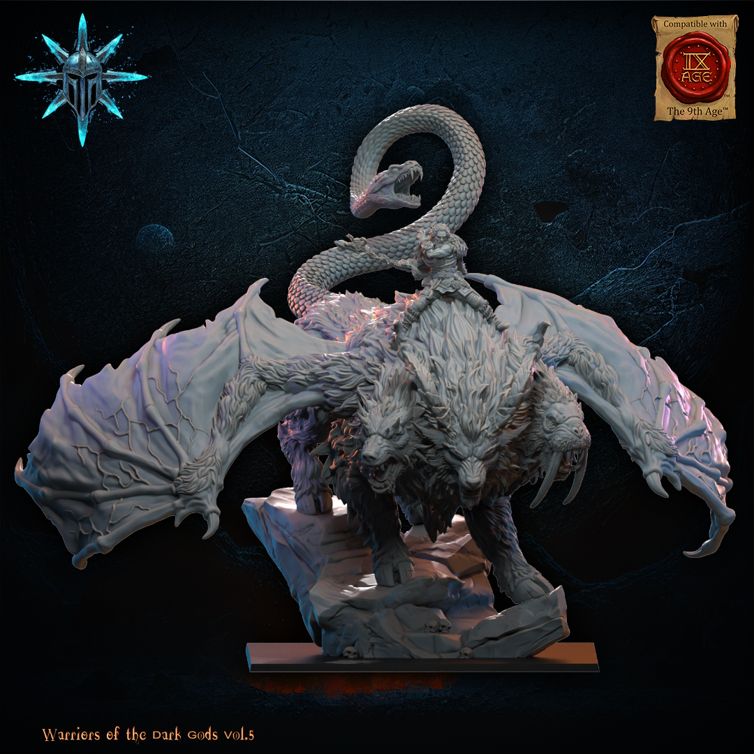 Barbarian druid mounted on a winged three-headed Chimera monster on a rocky base, 32mm resin miniature by Lost Kingdom Miniatures