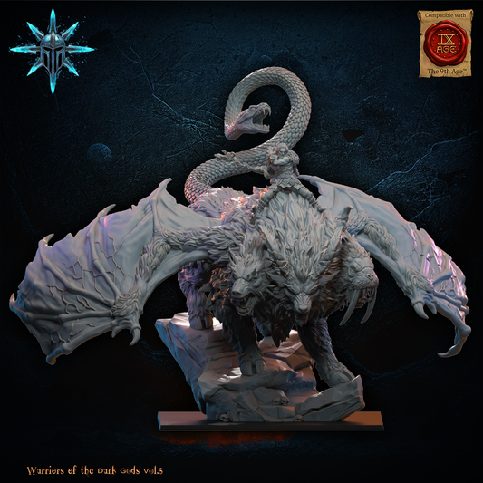 Barbarian druid mounted on a winged three-headed Chimera monster on a rocky base, 32mm resin miniature by Lost Kingdom Miniatures