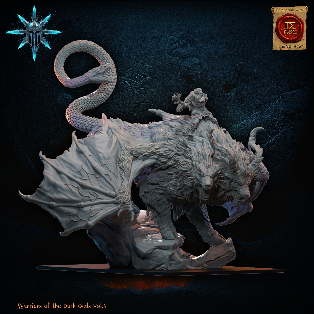 Alternate view of the barbarian Chimera monster mount showing its twin maned heads and serpent tail