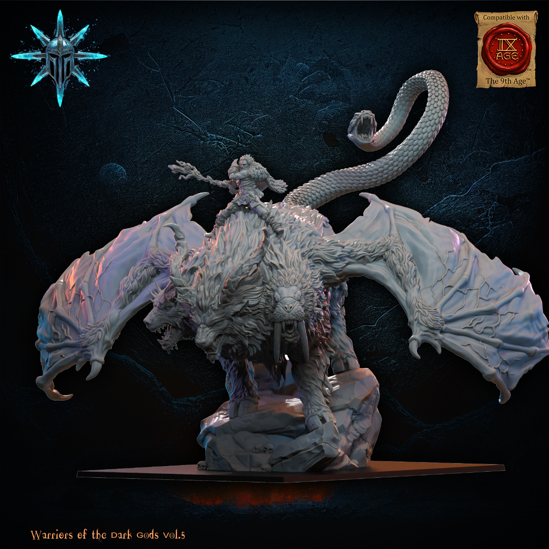 Side view of the winged Chimera monster with the barbarian druid rider