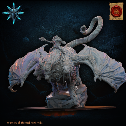 Side view of the winged Chimera monster with the barbarian druid rider