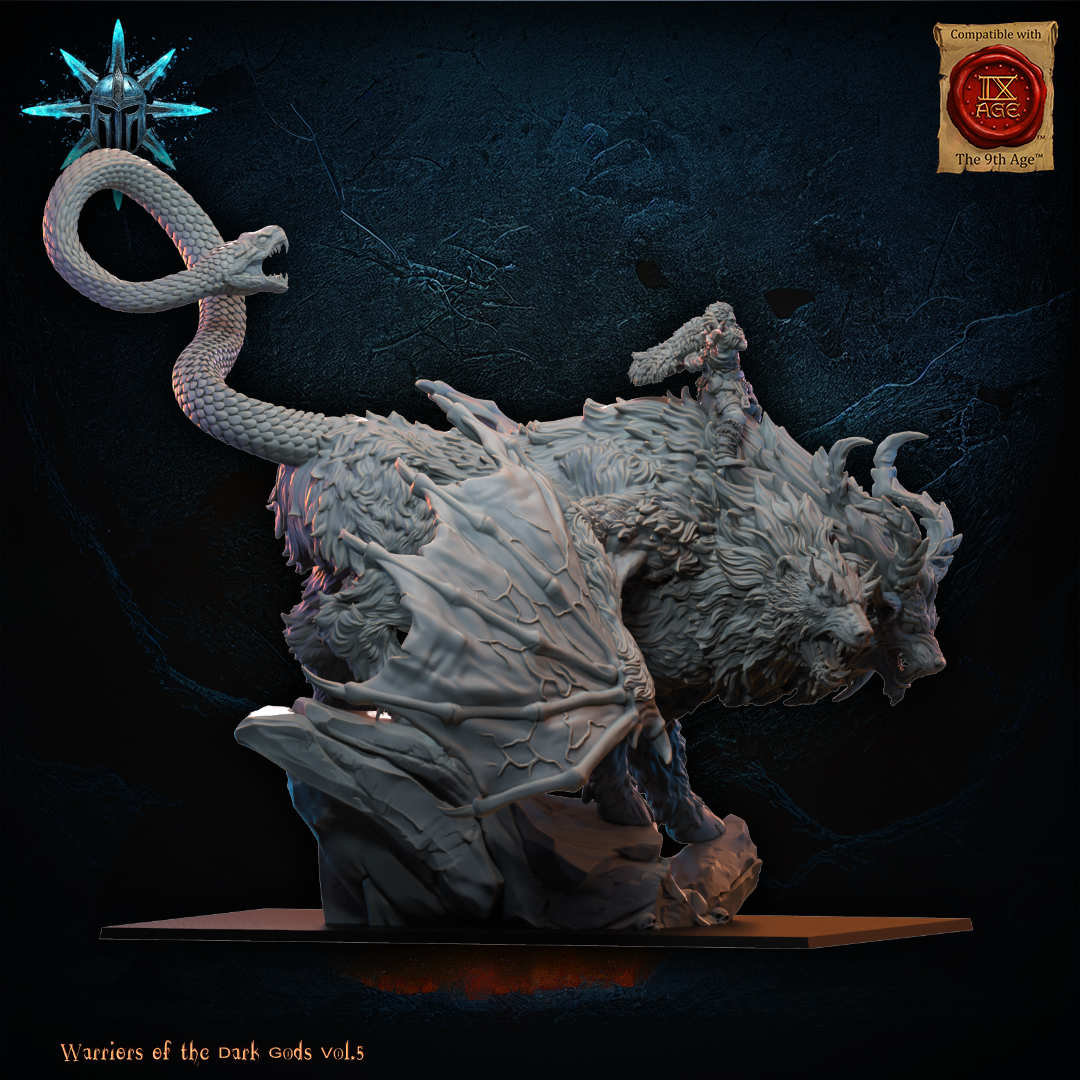Rear view of the Chimera monster mount showing the wings and serpent tail