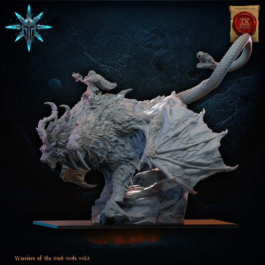 Detail view of the barbarian druid rider on the Chimera monster