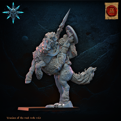Mounted barbarian hero on a warhorse with axe and spear options, 32mm resin cavalry miniature by Lost Kingdom Miniatures