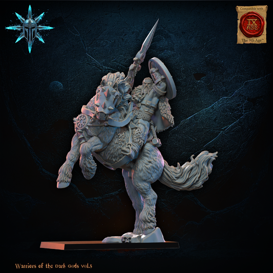 Mounted barbarian hero on a warhorse with axe and spear options, 32mm resin cavalry miniature by Lost Kingdom Miniatures
