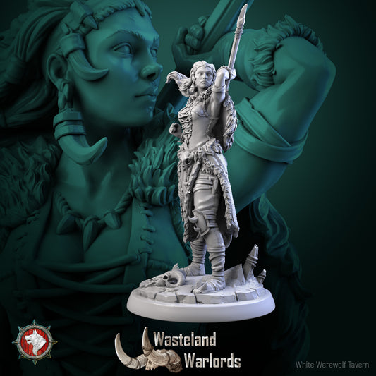 Laurie Lightning Rod resin miniature, female barbarian raising a forked lightning rod on a stone base