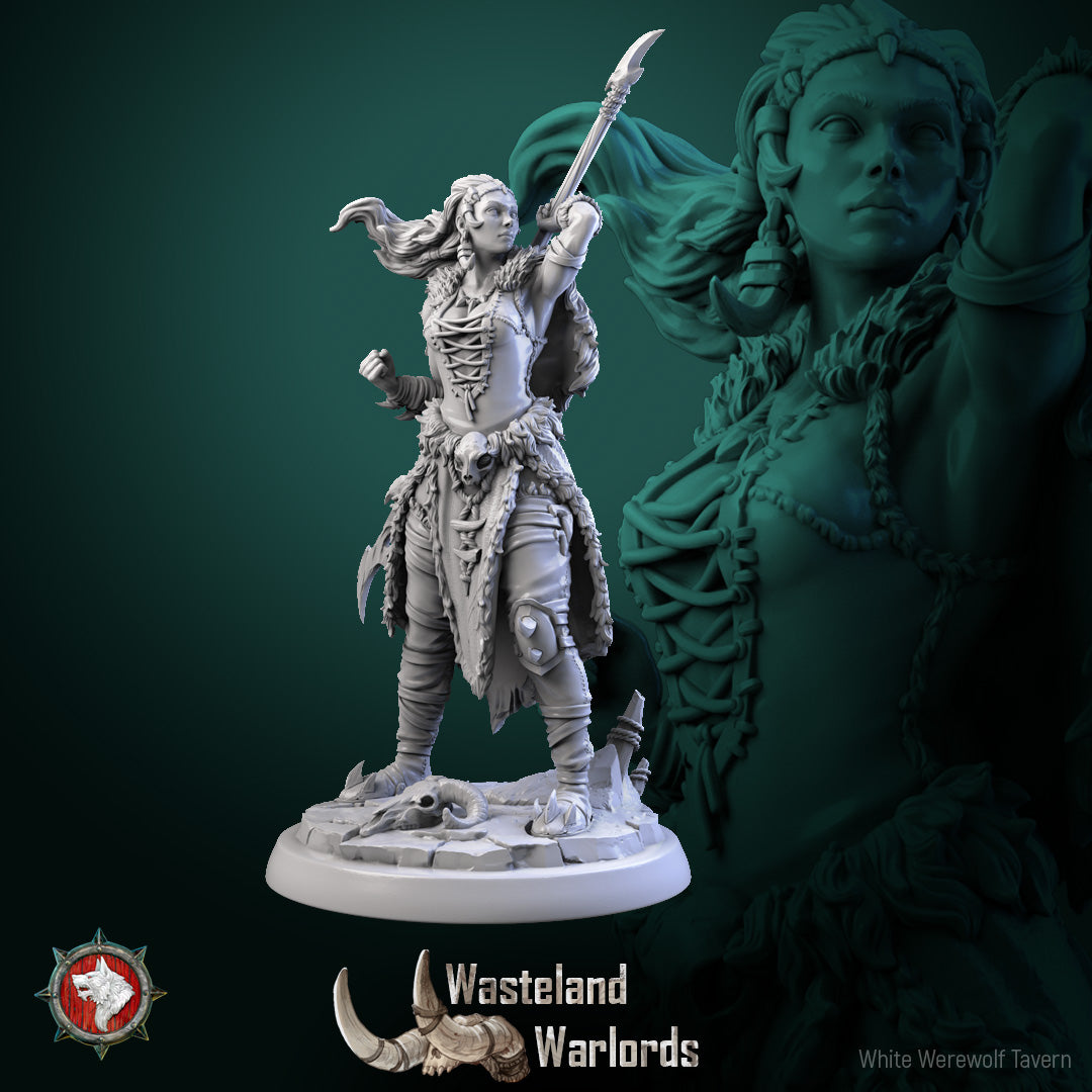 Full view of Laurie Lightning Rod miniature with skull-trimmed hide skirt and knee plate