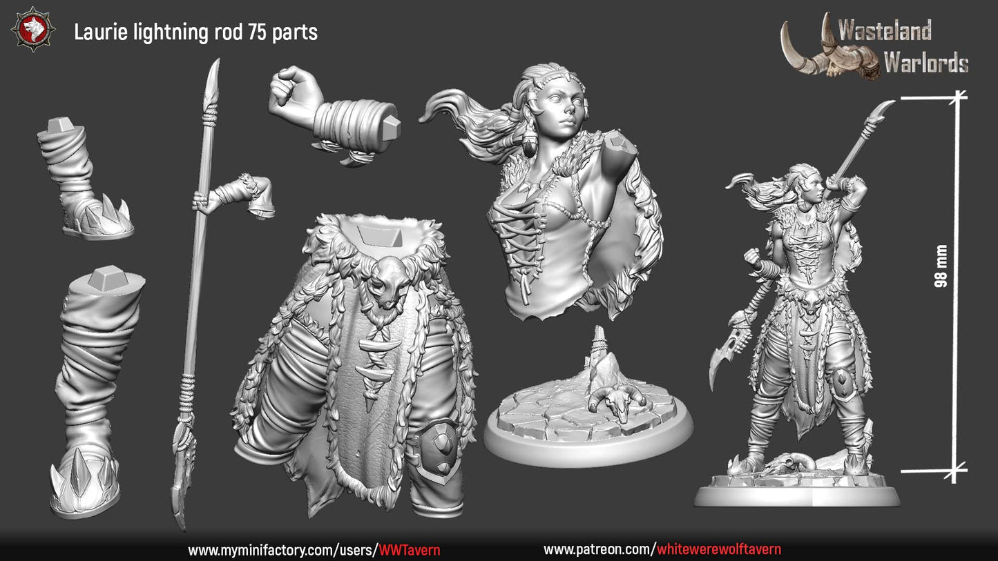Laurie Lightning Rod 75mm parts layout with split body, hands, legs and base, 98mm assembled height