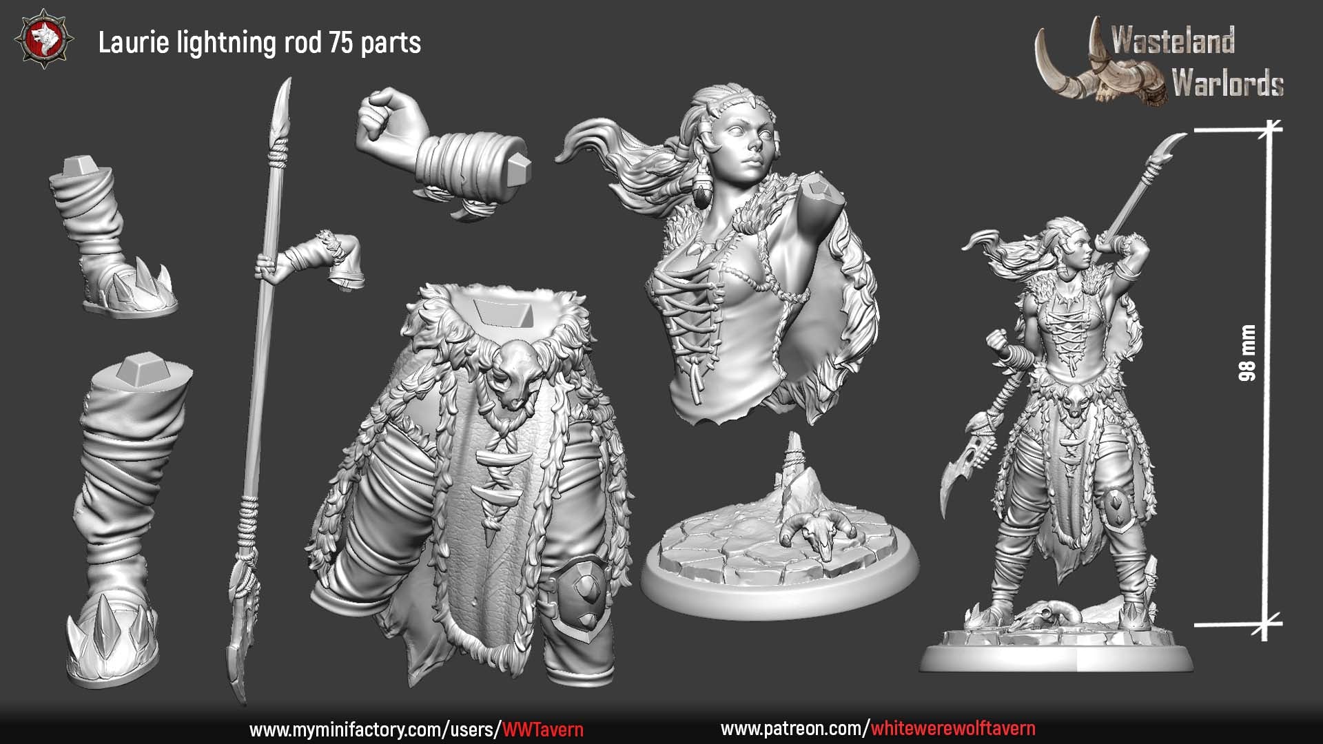 Laurie Lightning Rod 75mm parts layout with split body, hands, legs and base, 98mm assembled height