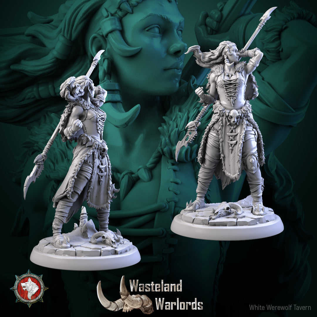 Front and back views of Laurie Lightning Rod showing fur cloak and ram-skull base