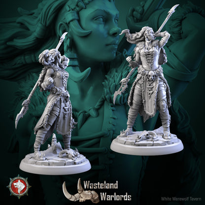 Front and back views of Laurie Lightning Rod showing fur cloak and ram-skull base