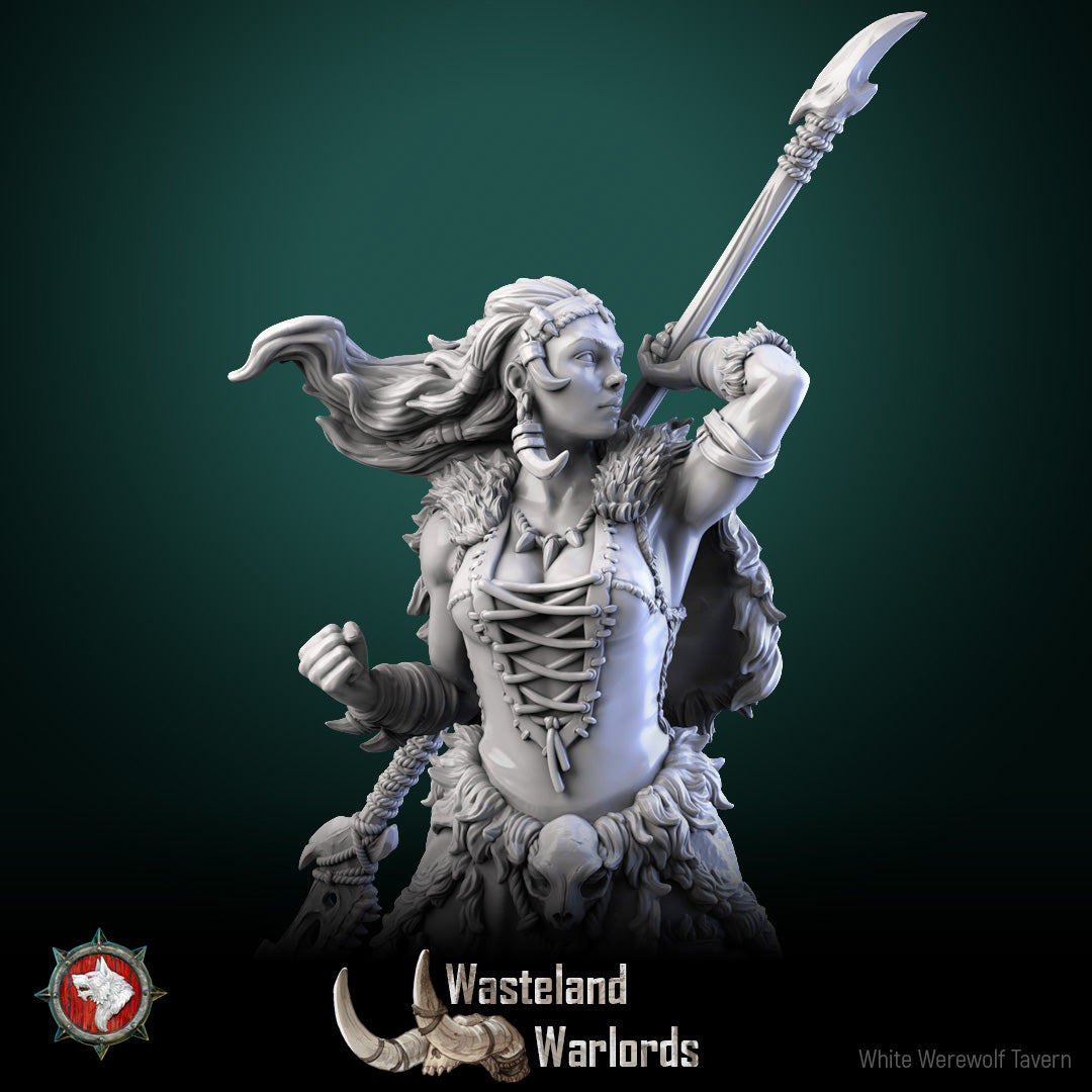 Upper-body detail of Laurie Lightning Rod with laced corset, tusk necklace and raised rod