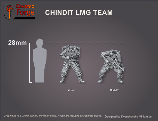 Coveted Forge scale reference: two Chindit LMG gunner bodies beside a 28mm human silhouette, heads included as separate pieces