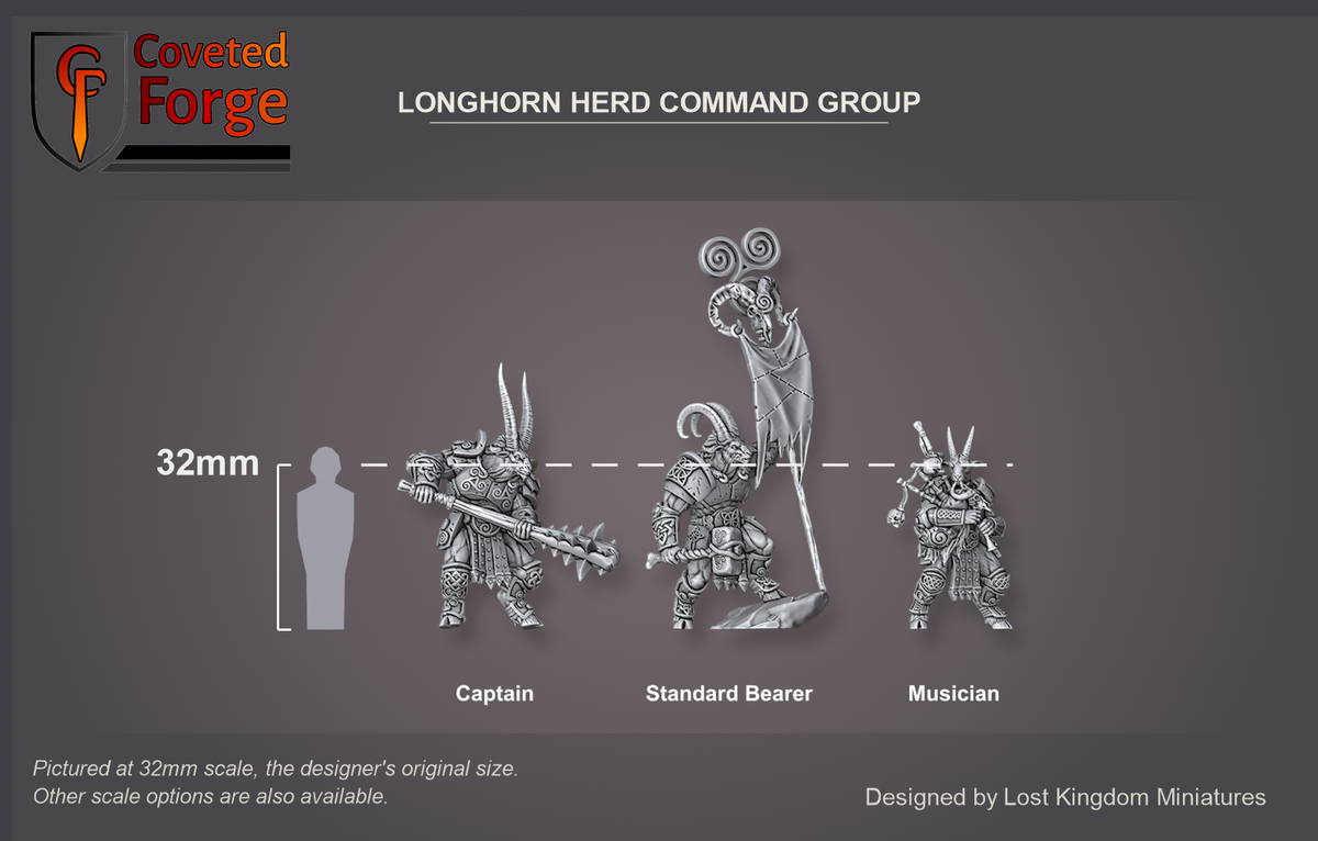 Coveted Forge scale reference: the Longhorn Herd captain, standard bearer and musician beside a 32mm human silhouette