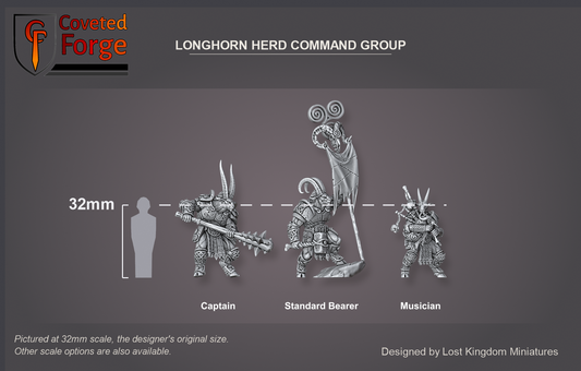 Coveted Forge scale reference: the Longhorn Herd captain, standard bearer and musician beside a 32mm human silhouette