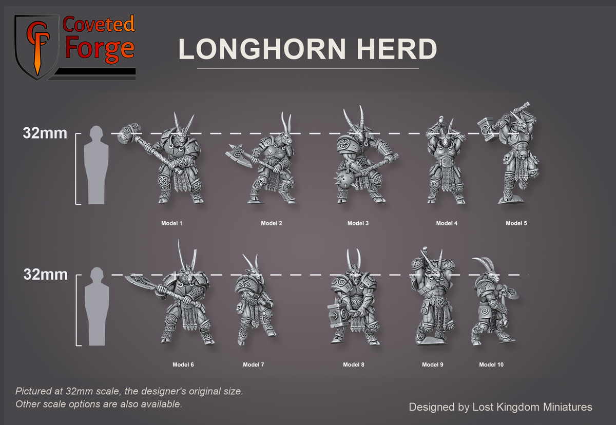 Coveted Forge scale reference: the ten Longhorn Herd beastmen, Model 1 to 10, beside a 32mm human silhouette