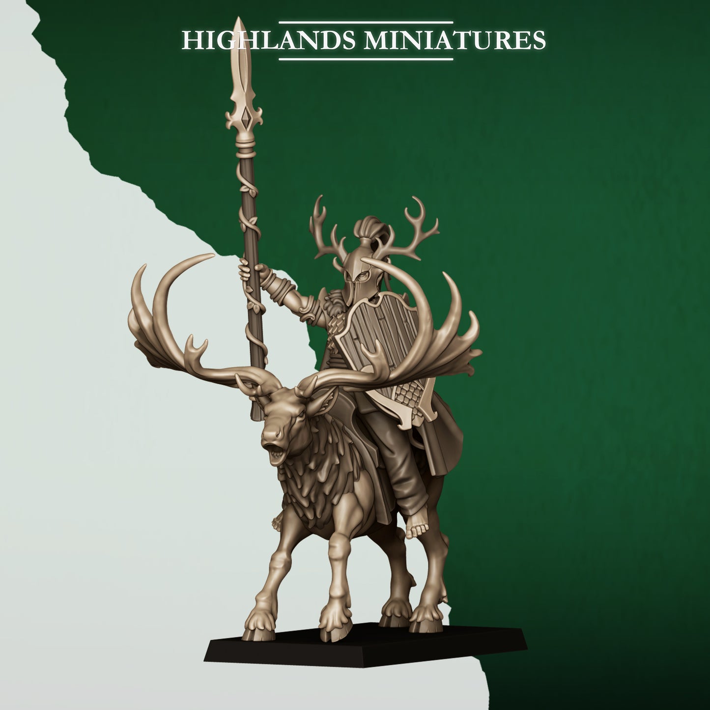 Feral Elf Lord on Great Stag, wood elf mounted hero miniature, 32mm resin by Highlands Miniatures