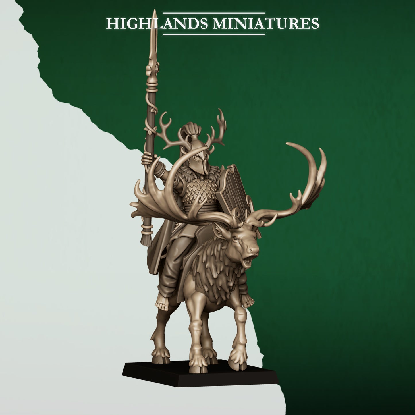 Feral Elf Lord on Great Stag, mounted wood elf hero, side view, 32mm resin by Highlands Miniatures