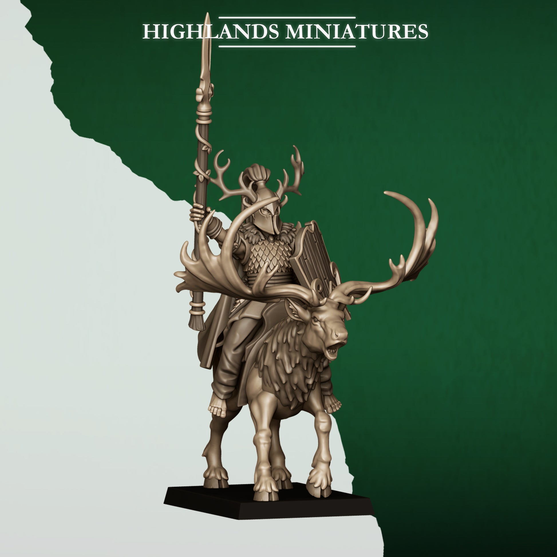 Feral Elf Lord on Great Stag, mounted wood elf hero, side view, 32mm resin by Highlands Miniatures