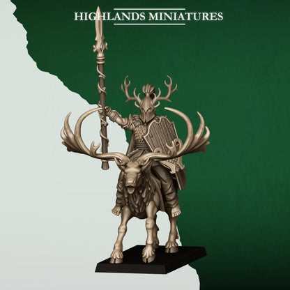 Feral Elf Lord on Great Stag, rear view, 32mm resin miniature by Highlands Miniatures