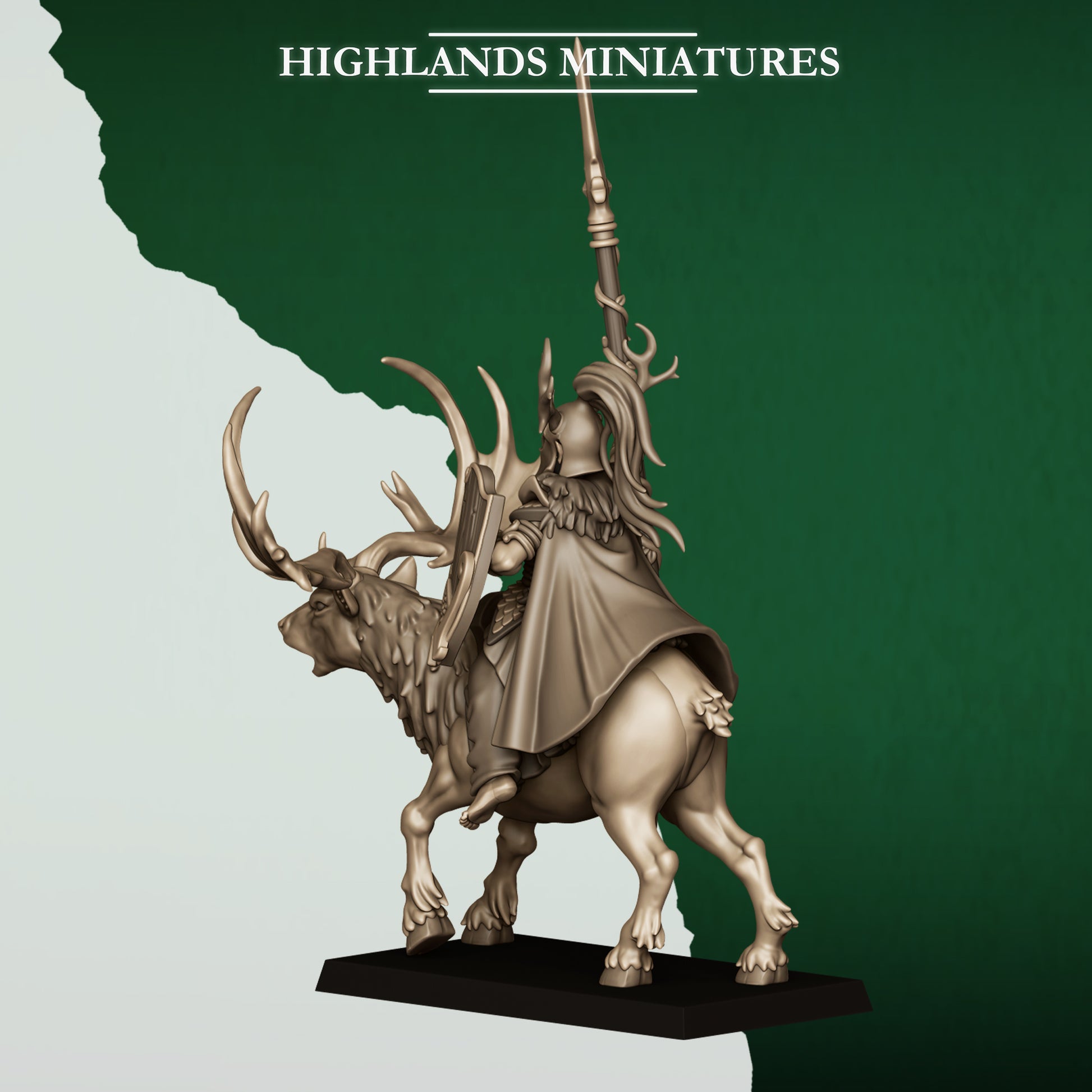 Feral Elf Lord on Great Stag with spear, 32mm resin miniature by Highlands Miniatures