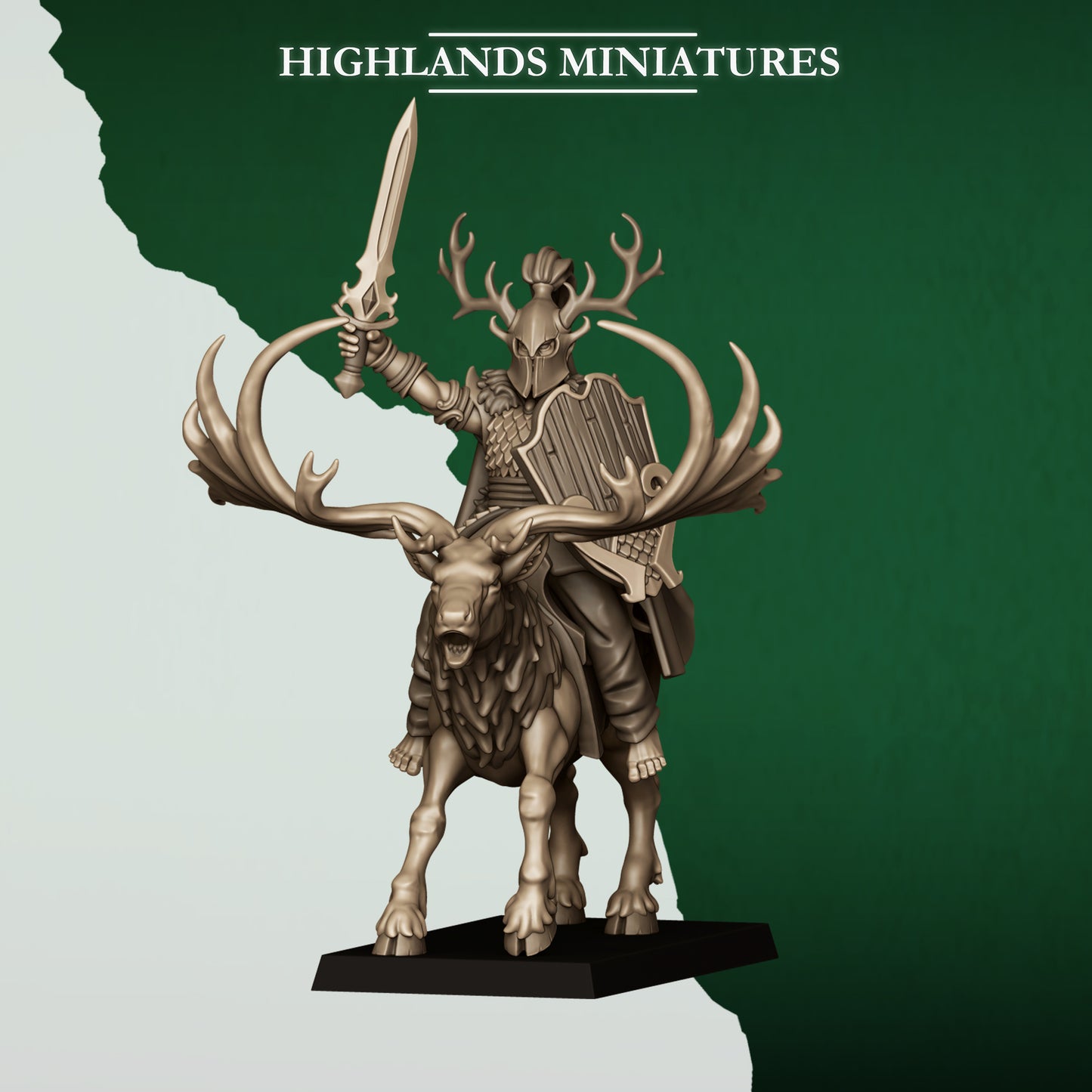 Feral Elf Lord on Great Stag with sword, 32mm resin miniature by Highlands Miniatures