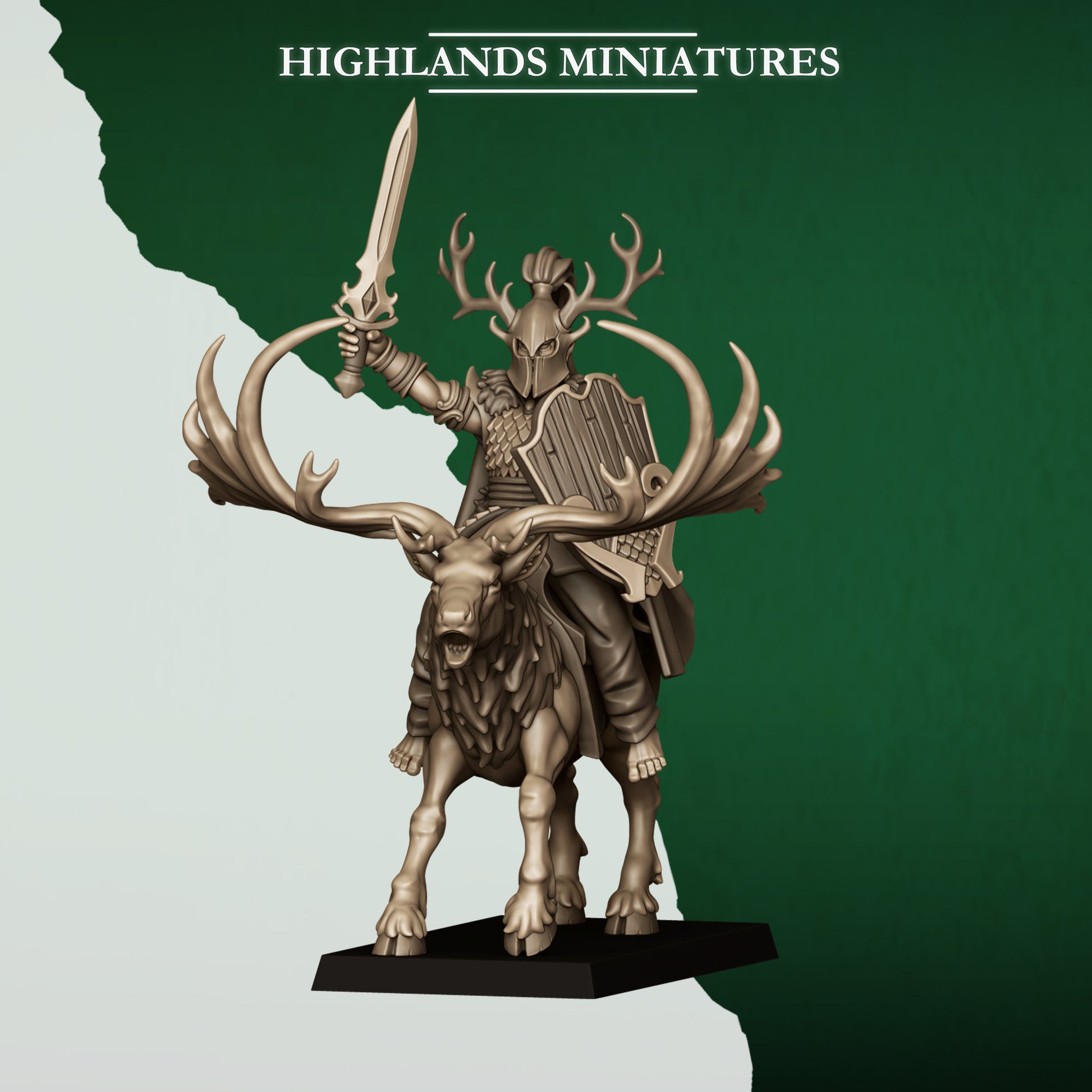 Feral Elf Lord on Great Stag with sword, 32mm resin miniature by Highlands Miniatures