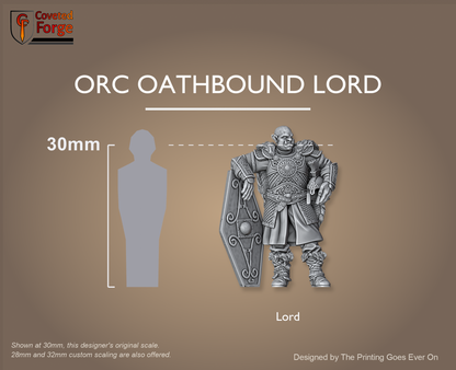 Orc Oathbound Lord shown at 30mm beside a human silhouette with eye-height scale bracket