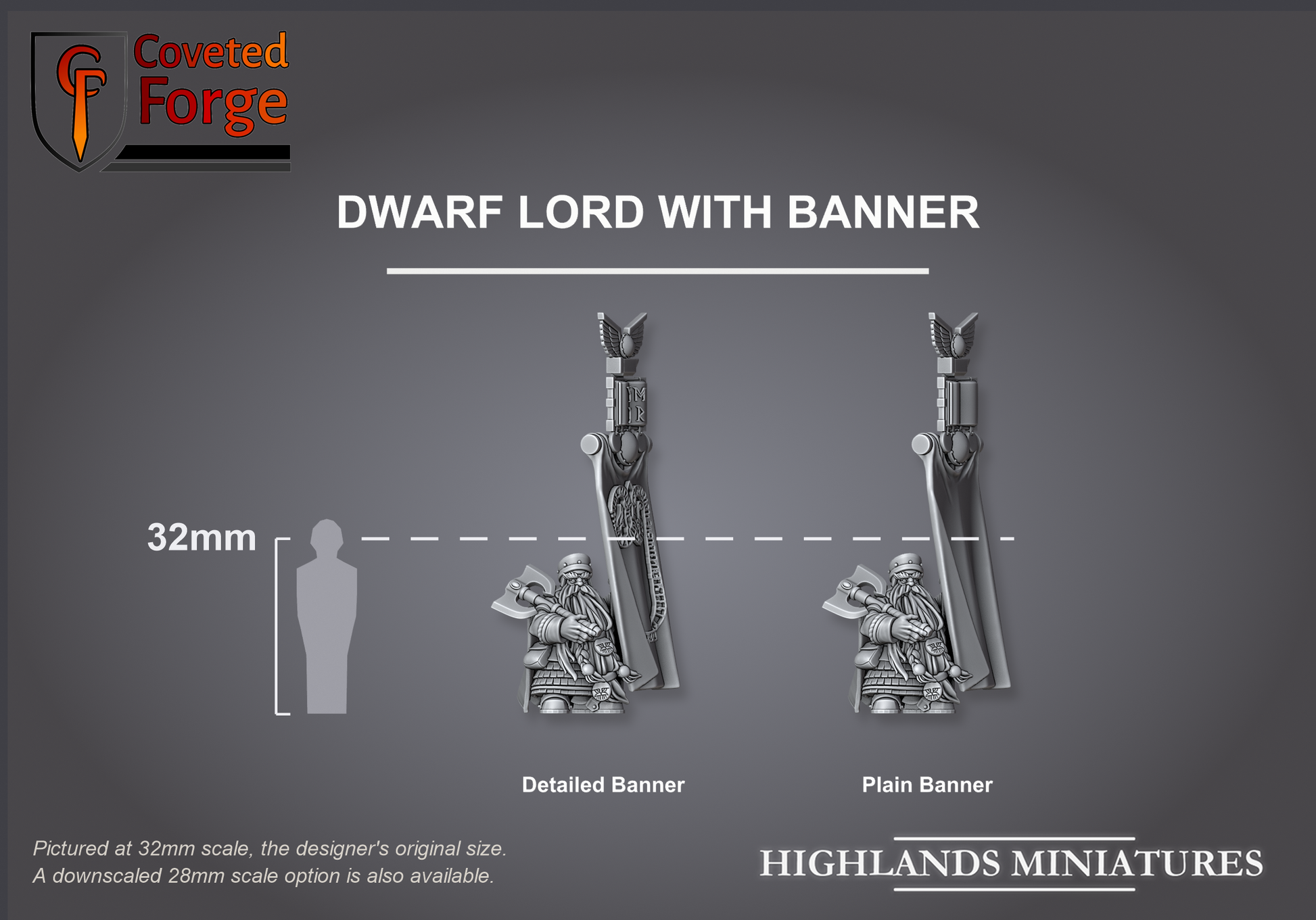 Dwarf Lord with Banner, Detailed and Plain banner options, beside a 32mm human for scale