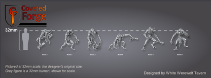 Scale reference: all six Drowned Lurkers at 32mm scale beside a 32mm human silhouette