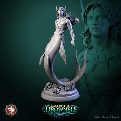 Merman at 75mm scale, front view of the male merfolk figure on his coral and shell scenic base, resin display miniature by White Werewolf Tavern