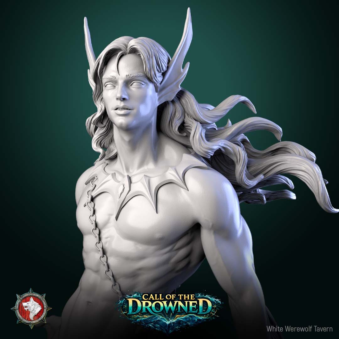 Merman 75mm scale, close-up of the face, crested fin brow and flowing hair