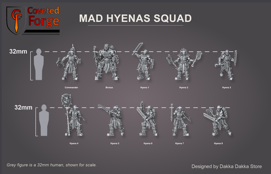 Mad Hyenas Squad 28-32mm scale lineup of all ten labeled models against a 32mm human silhouette