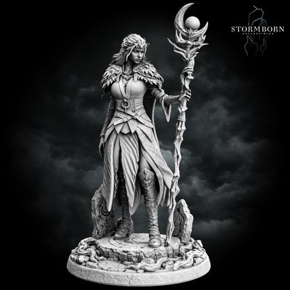 Maelin, Druid of the Moon with her crescent staff on a rune-carved stone plinth, front view, resin display miniature by Stormborn Collectibles
